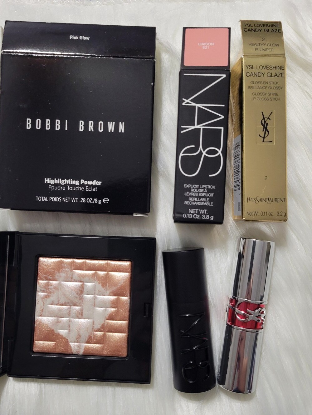 Bobbi Brown Pink Glow Highlighting Powder, NARS, YSL Lipsticks